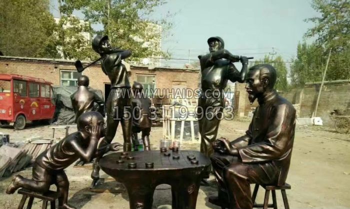 祖孫倆下棋銅雕 (2)雕塑