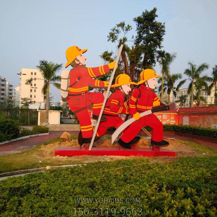 不銹鋼剪影噴漆彩繪卡通消防員公園雕塑擺件