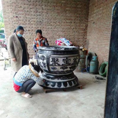 庭院青石做舊浮雕荷花花紋養(yǎng)魚(yú)水缸花盆