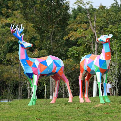 玻璃鋼幾何彩繪公園戶外景觀裝飾品梅花鹿雕塑