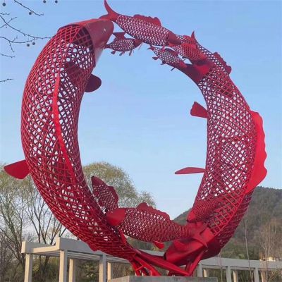 景區(qū)公園不銹鋼鏤空創(chuàng)意圓形鯉魚(yú)雕塑