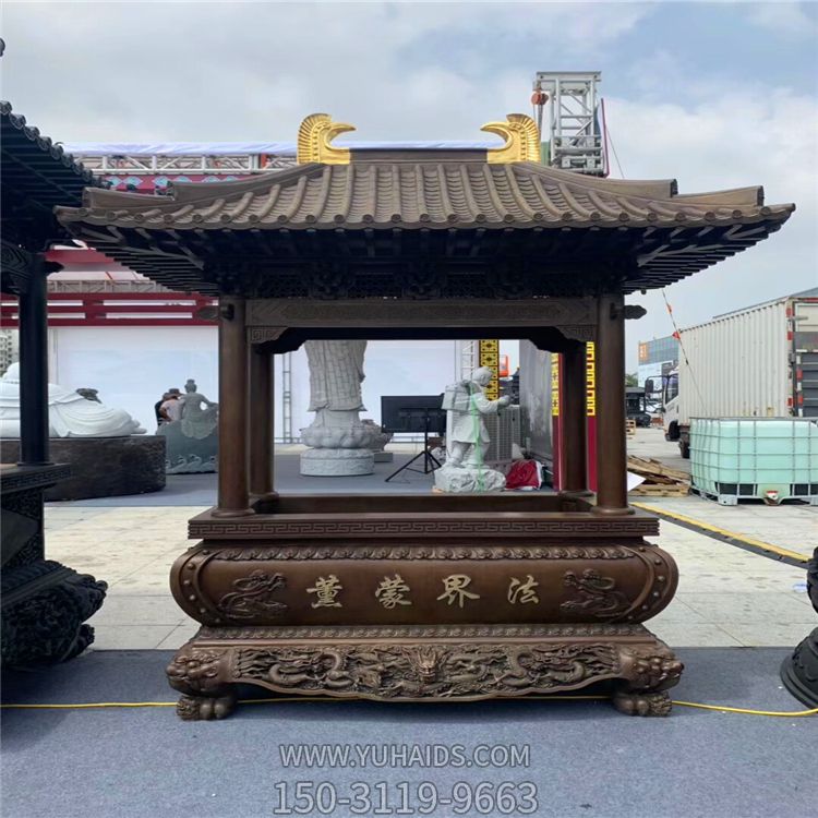 寺院景區(qū)長形仿古建筑寶蓋香爐雕塑