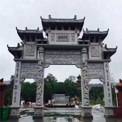 寺院門(mén)口裝飾青石浮雕仿古建筑三門(mén)牌坊