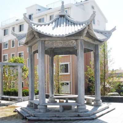 小區(qū)花園擺放休閑青石仿古建六角涼亭雕塑