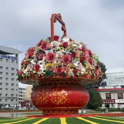 玻璃鋼彩繪國(guó)慶花卉戶(hù)外廣場(chǎng)大型花籃雕塑